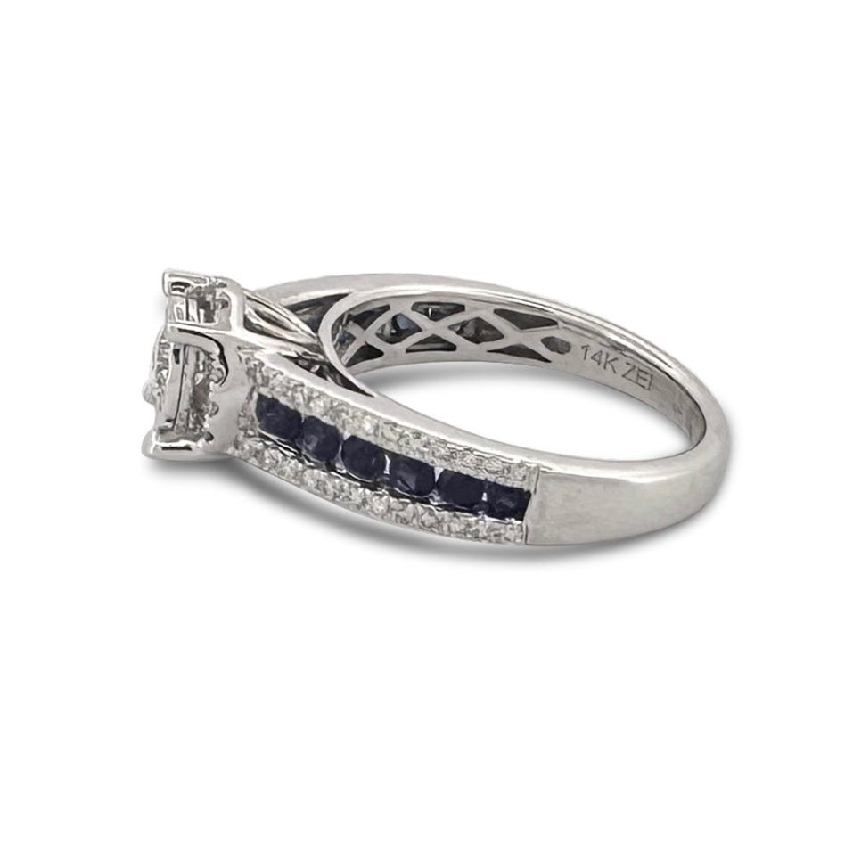 0.70ctw Round Brilliant Natural Diamond & Sapphires Engagement Ring in 14k White Gold