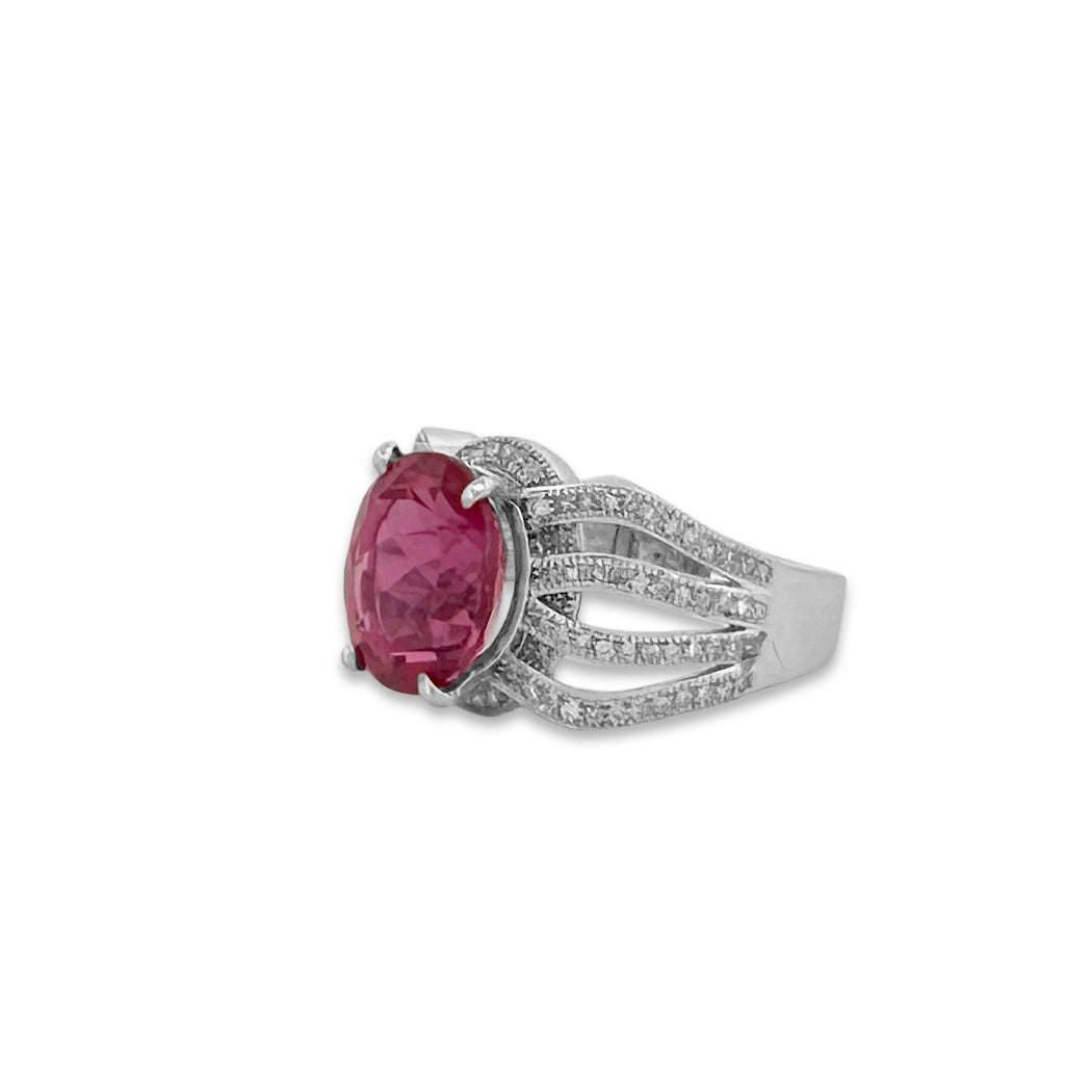 3.75cts Oval Rubellite Tourmaline and Diamond Cocktail Ring in 10k White Gold