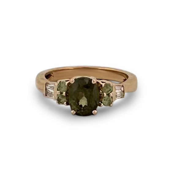 Demantoid Garnet and Diamond Cocktail Ring in 14k Yellow Gold