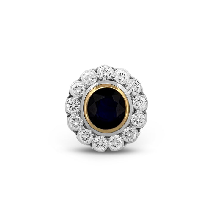 Blue Oval Sapphire & Round Brilliant Diamond Halo Cocktail Ring in Platinum & 18k Yellow Gold