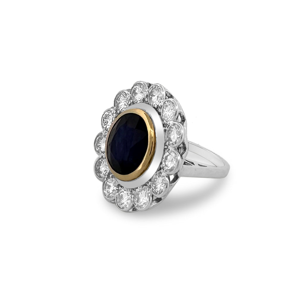 Blue Oval Sapphire & Round Brilliant Diamond Halo Cocktail Ring in Platinum & 18k Yellow Gold