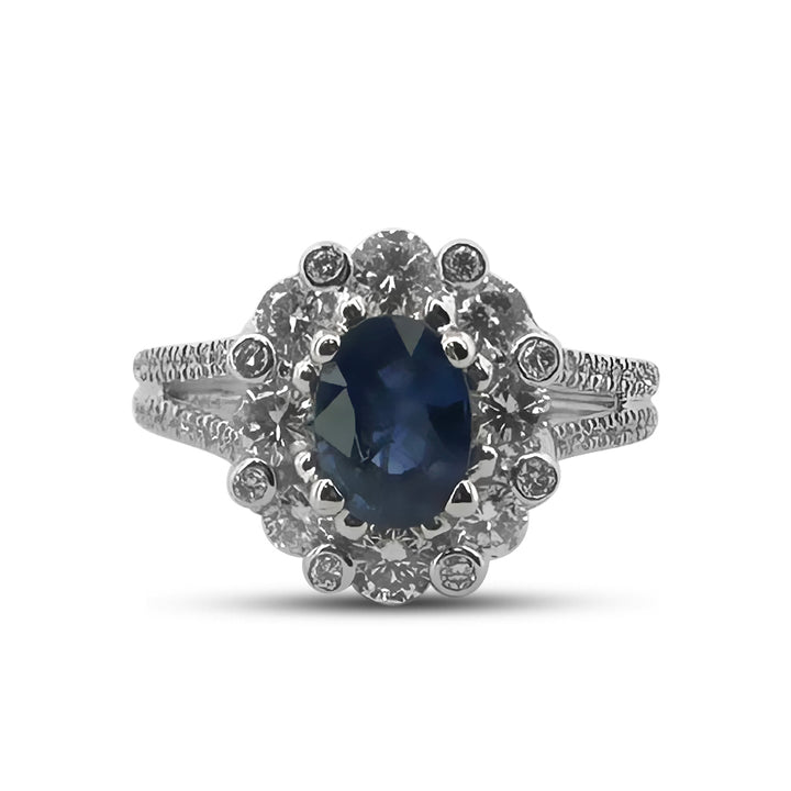 Blue Oval Sapphire & Round Brilliant Diamond Halo 14k White Gold Ring