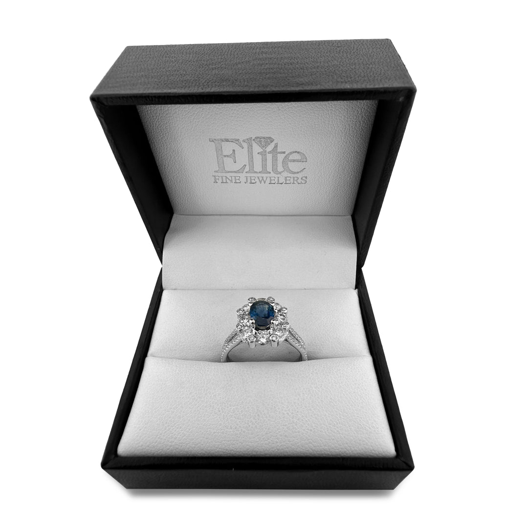 Blue Oval Sapphire & Round Brilliant Diamond Halo 14k White Gold Cocktail Ring