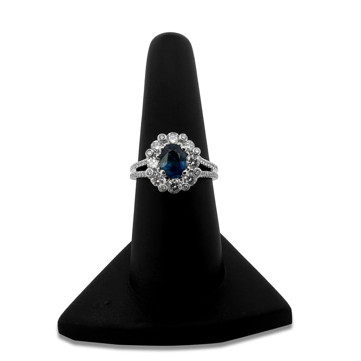 Blue Oval Sapphire & Round Brilliant Diamond Halo 14k White Gold Ring