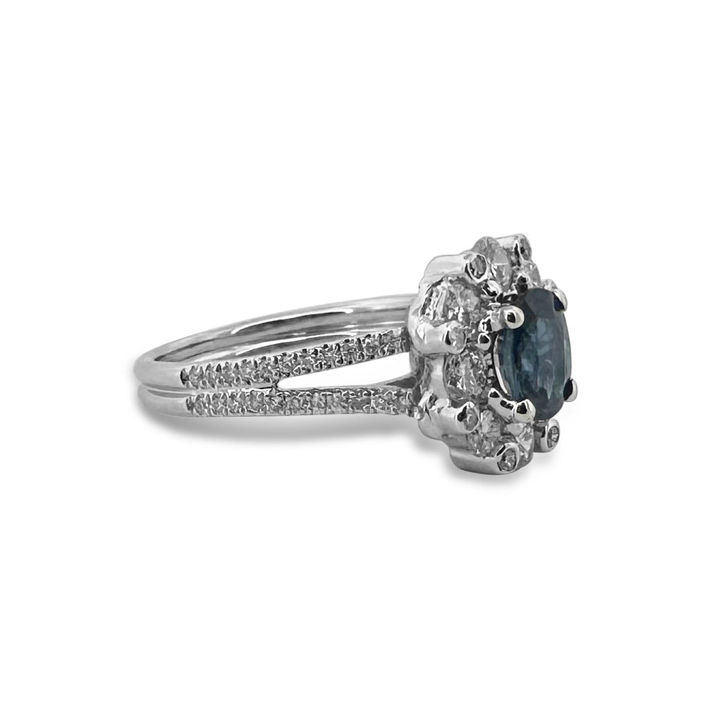 Blue Oval Sapphire & Round Brilliant Diamond Halo 14k White Gold Ring