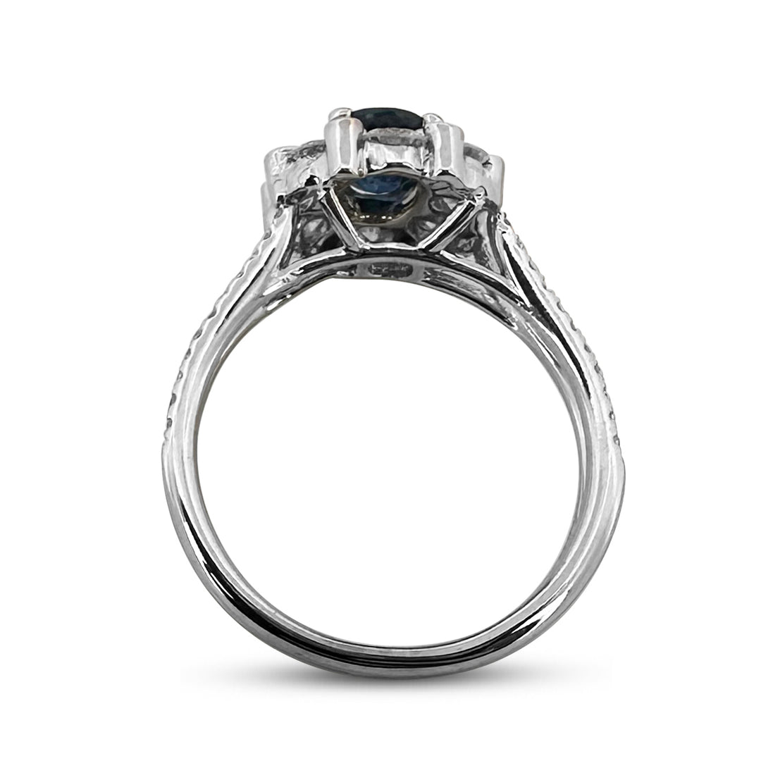 Blue Oval Sapphire & Round Brilliant Diamond Halo 14k White Gold Ring