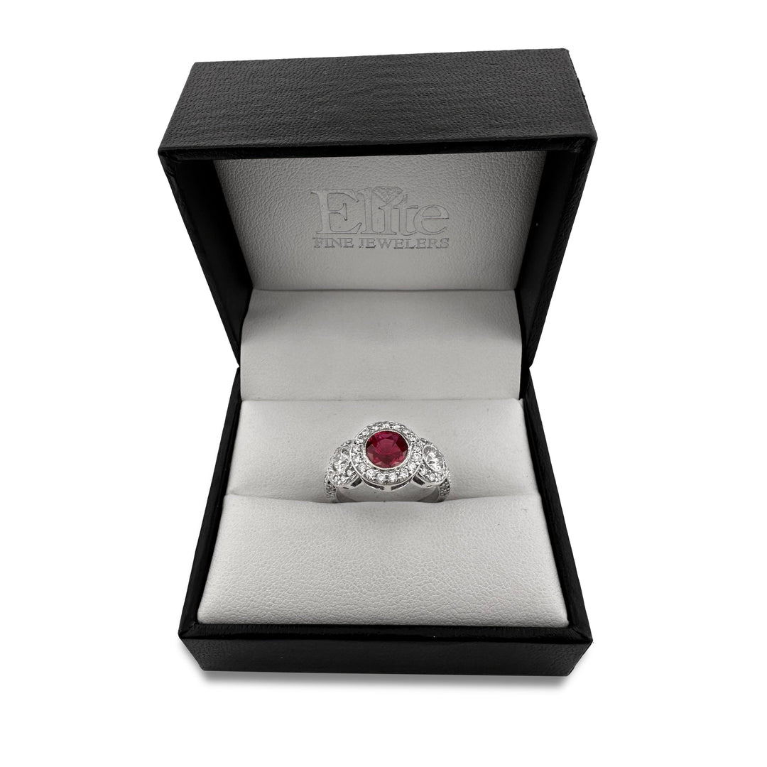 Round Ruby and Round Brilliant Diamond 3-Stone Halo Cocktail Ring in 14k White Gold