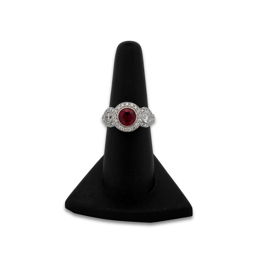 Round Ruby and Round Brilliant Diamond 3-Stone Halo Cocktail Ring in 14k White Gold