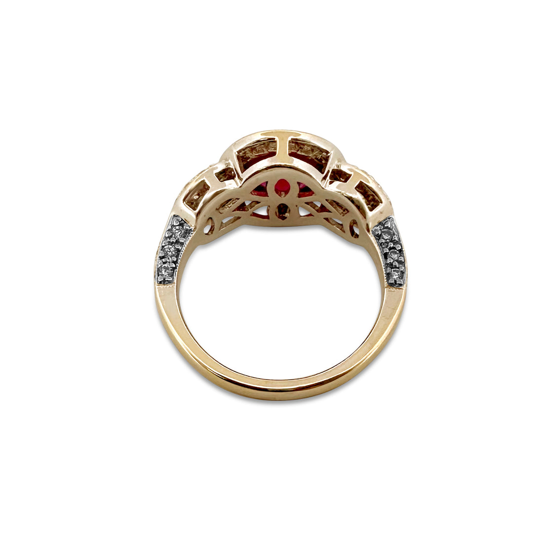 Round Ruby and Round Brilliant Diamond 3-Stone Halo Cocktail Ring in 14k White Gold