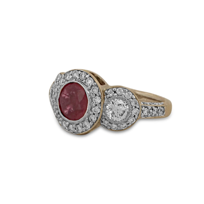 Round Ruby and Round Brilliant Diamond 3-Stone Halo Cocktail Ring in 14k White Gold