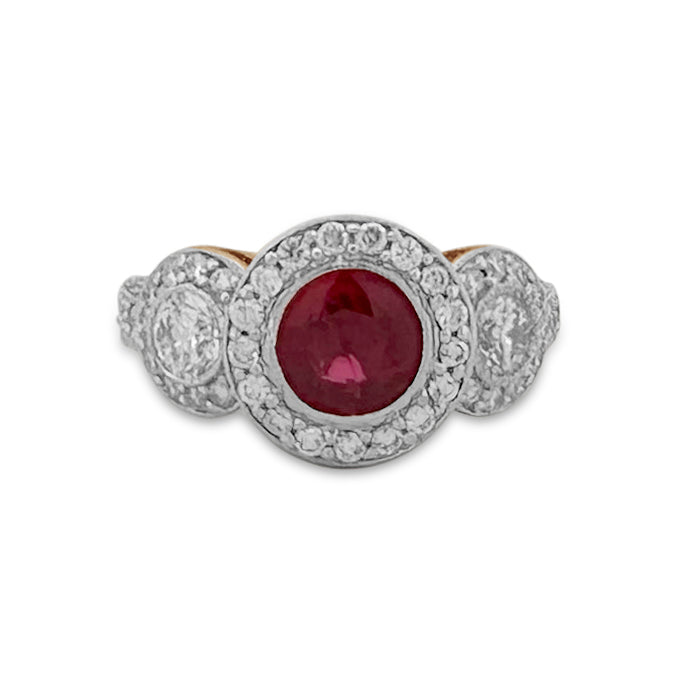 Round Ruby and Round Brilliant Diamond 3-Stone Halo Cocktail Ring in 14k White Gold