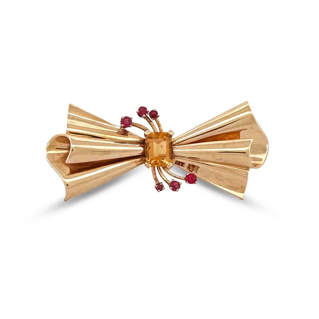 Vintage Retro Citrine & Ruby Ribbon Brooch in 14k Yellow Gold