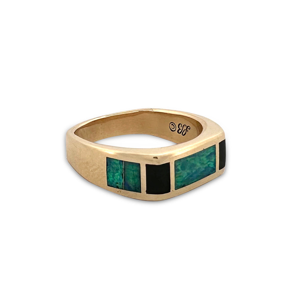 Opal and Onyx Inlay Men's Ring in 14k Yellow Gold