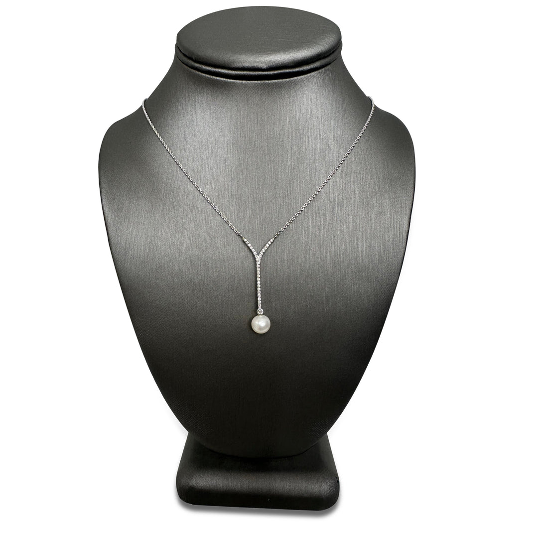 Cultured Pearl and Diamond Y-Drop Necklace in 14 Karat White Gold