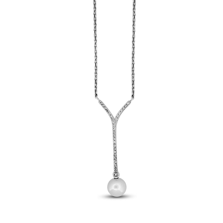 Cultured Pearl and Diamond Y-Drop Necklace in 14 Karat White Gold