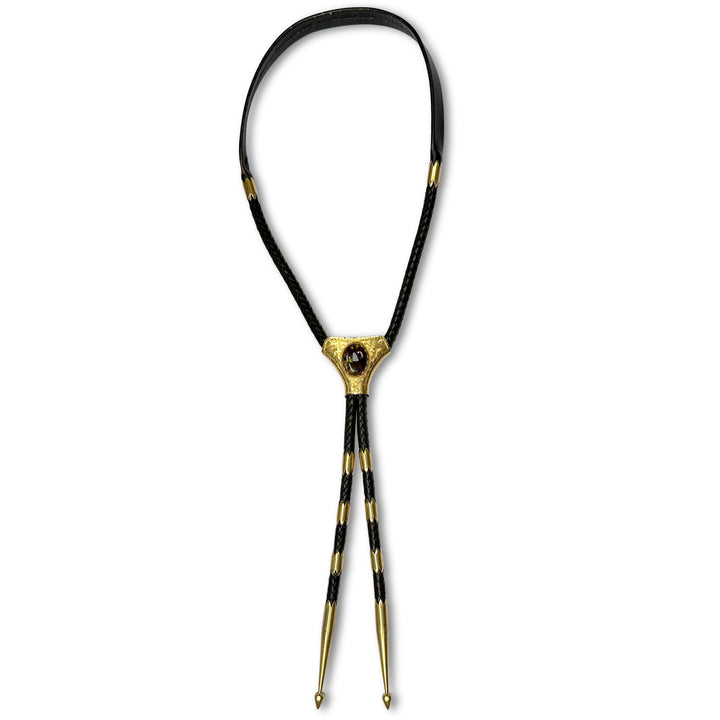 Oval Fire Agate, Leather and 14 Karat Yellow Gold Bolo Tie by Victor Cedarstaff