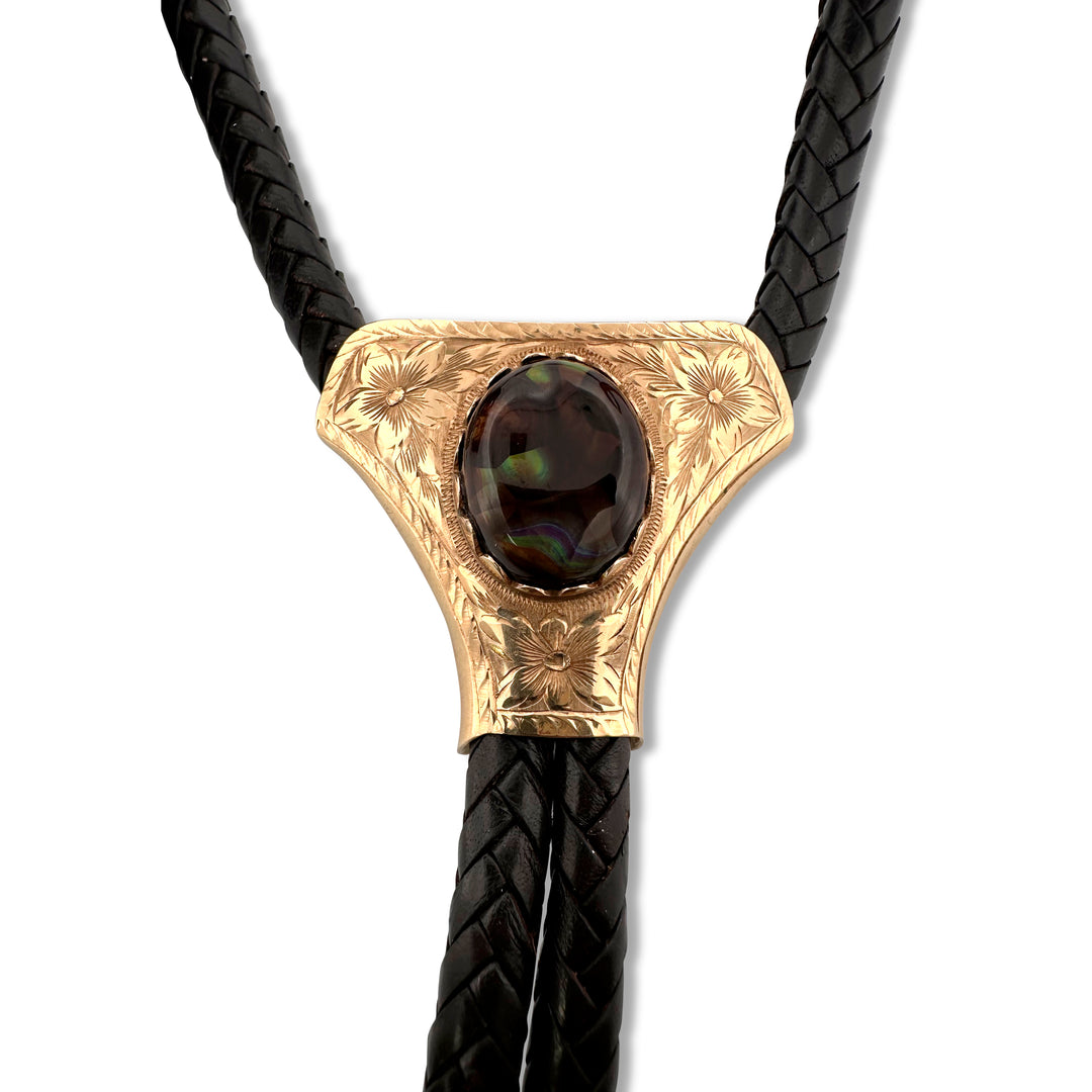 Oval Fire Agate, Leather and 14 Karat Yellow Gold Bolo Tie by Victor Cedarstaff