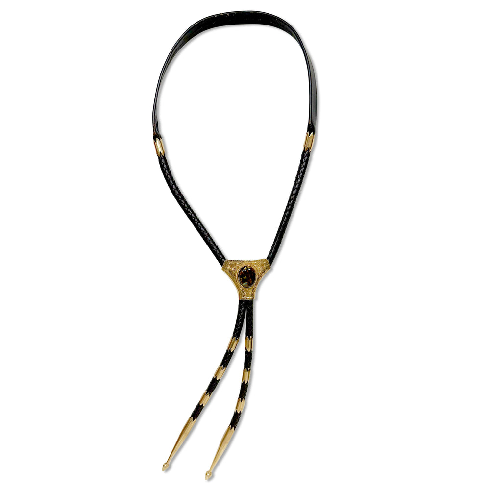 Oval Fire Agate, Leather and 14 Karat Yellow Gold Bolo Tie by Victor Cedarstaff