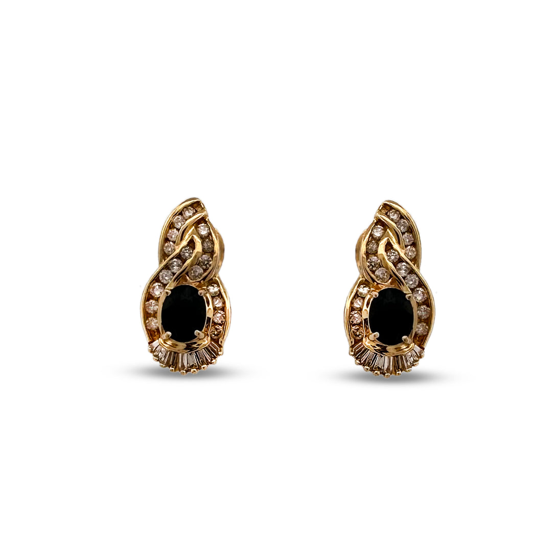 Oval Blue Sapphire and Diamond Earrings 14k Yellow Gold