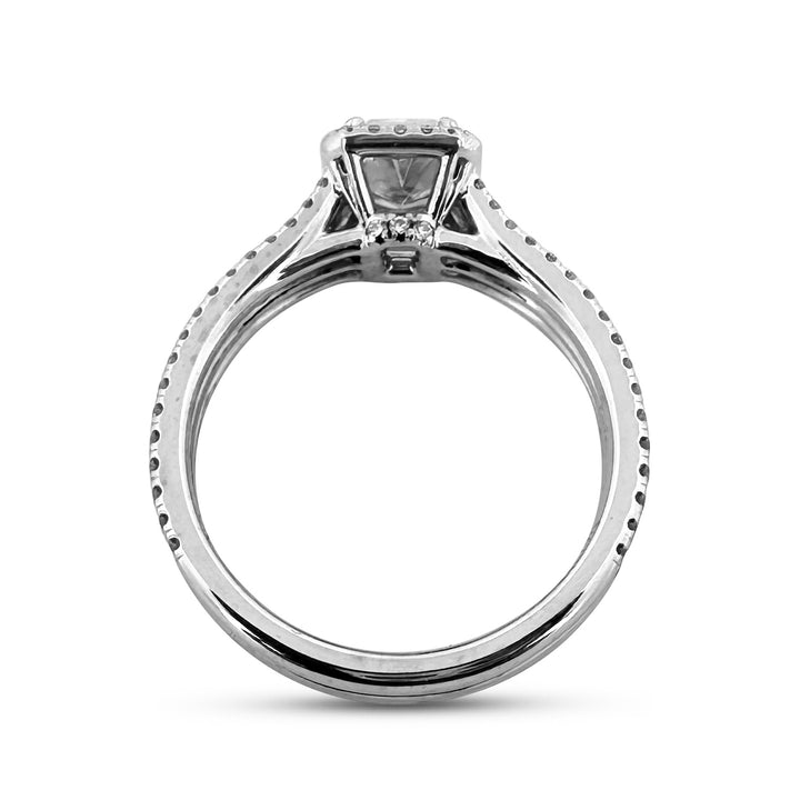 GIA Graded Radiant Cut & Round Brilliant Natural Diamond Halo Engagement Ring in 14k White Gold