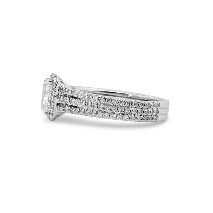 GIA Graded Radiant Cut & Round Brilliant Natural Diamond Halo Engagement Ring in 14k White Gold