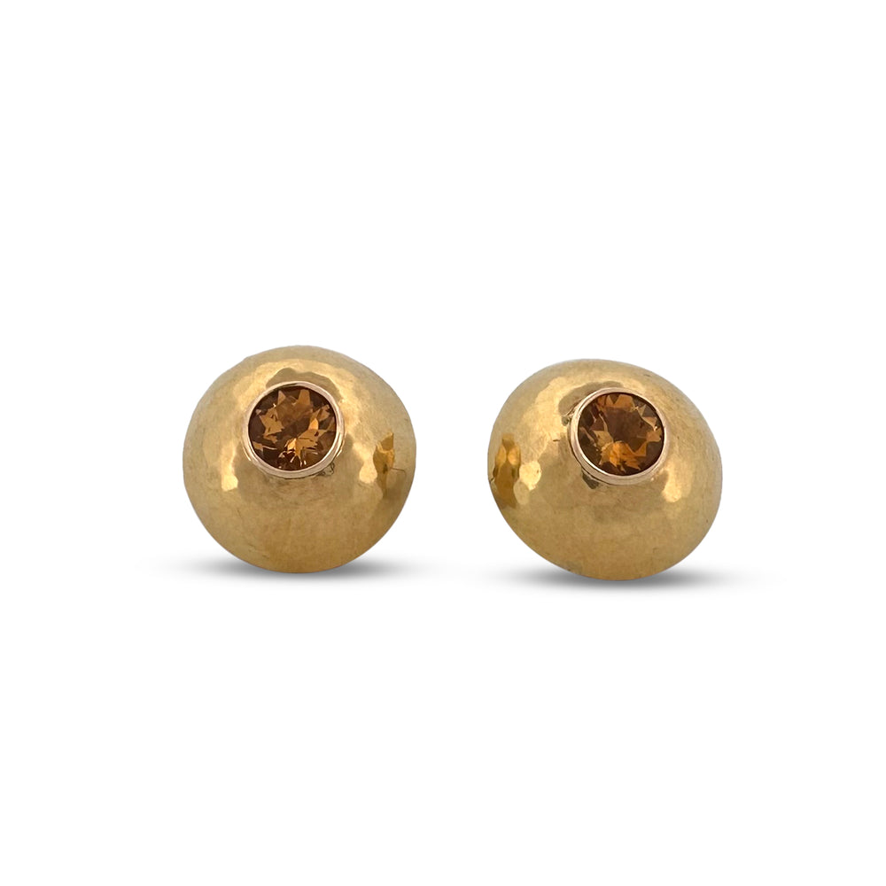 Vintage Round Citrine Hammered Dome Earrings in 18k Yellow Gold