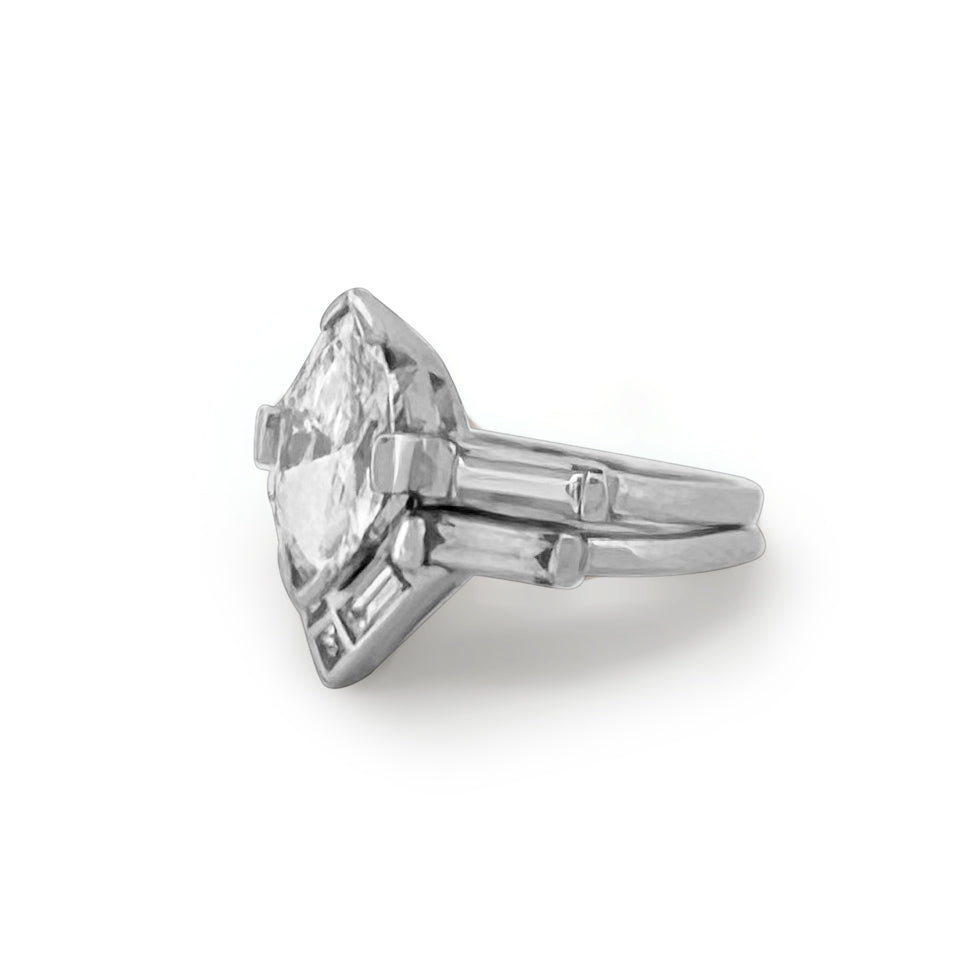 Vintage 1.50cts Marquise with Baguettes Natural Diamond Engagement and Wedding Band Set in Platinum