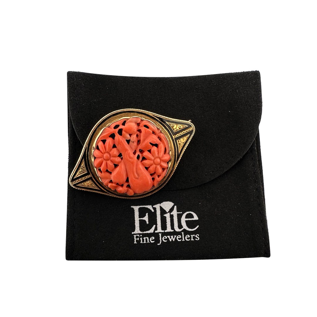 Antique Carved Coral and Enamel Brooch in 14k Yellow Gold