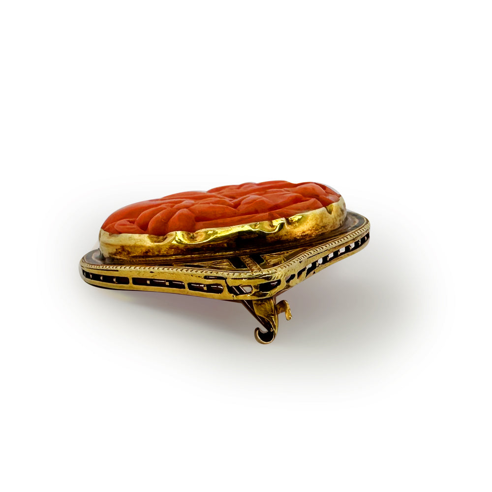 Antique Carved Coral and Enamel Brooch in 14k Yellow Gold