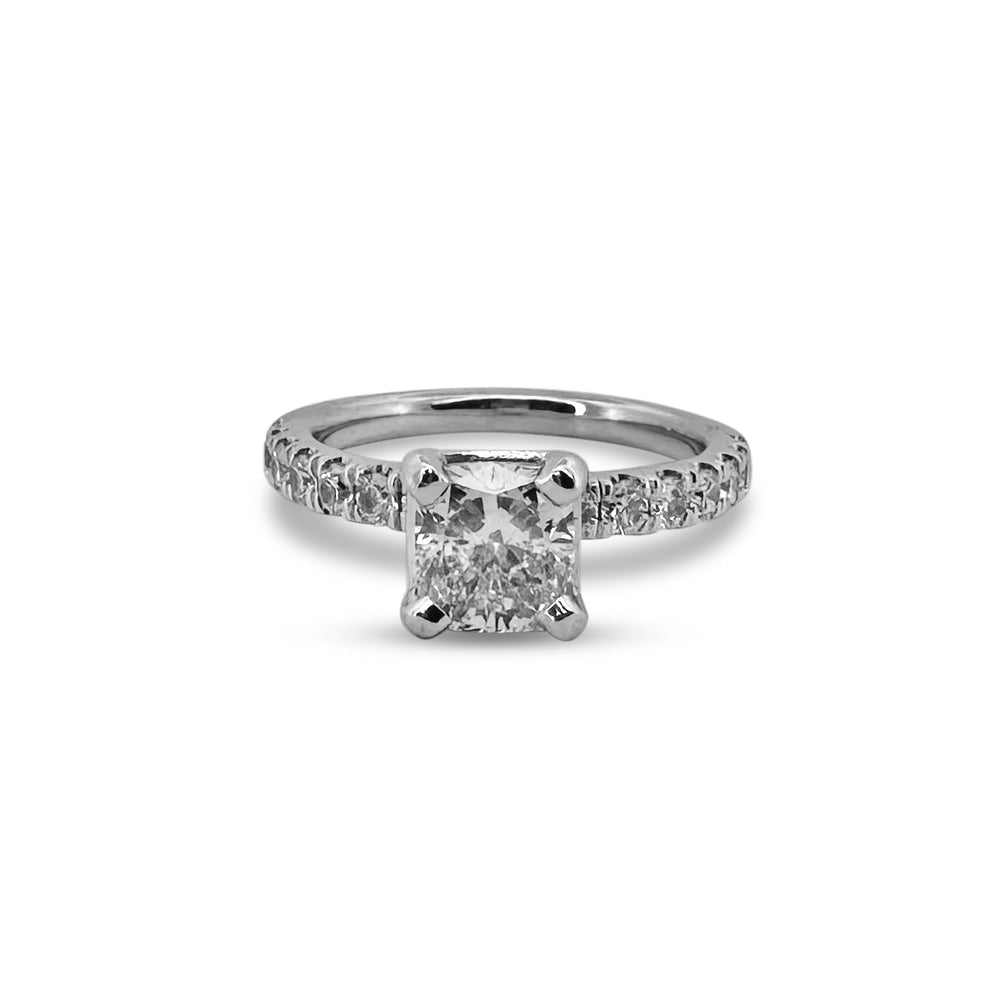 GIA Graded 1.35ctw Cushion Cut with Round Brilliant Natural Diamond Engagement Ring in 14k White Gold