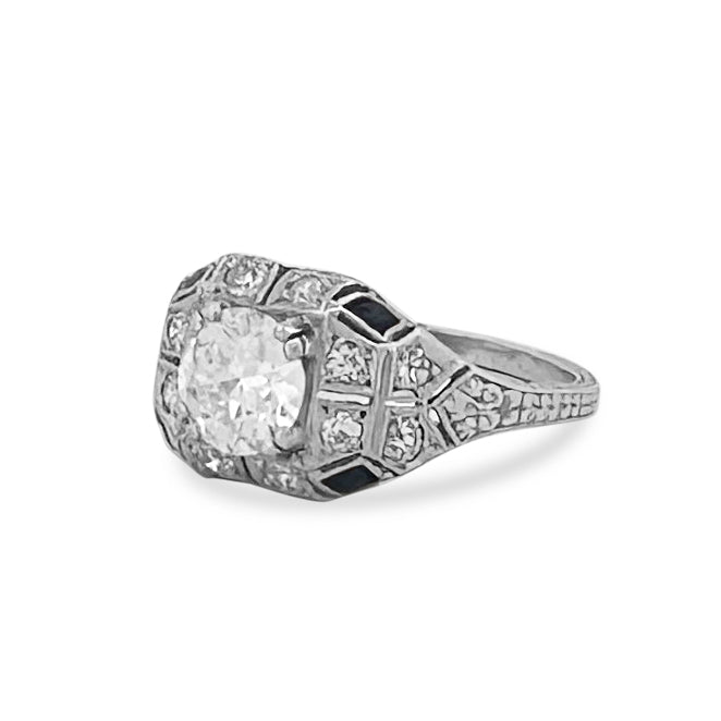 Art Deco 1ct Old European Diamond, Round Diamond & Synthetic Sapphire Platinum Engagement Ring