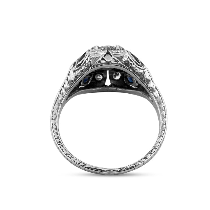 Art Deco 1ct Old European Diamond, Round Diamond & Synthetic Sapphire Platinum Engagement Ring