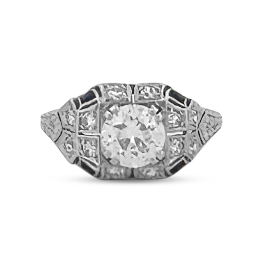 Art Deco 1ct Old European Diamond, Round Diamond & Synthetic Sapphire Platinum Engagement Ring