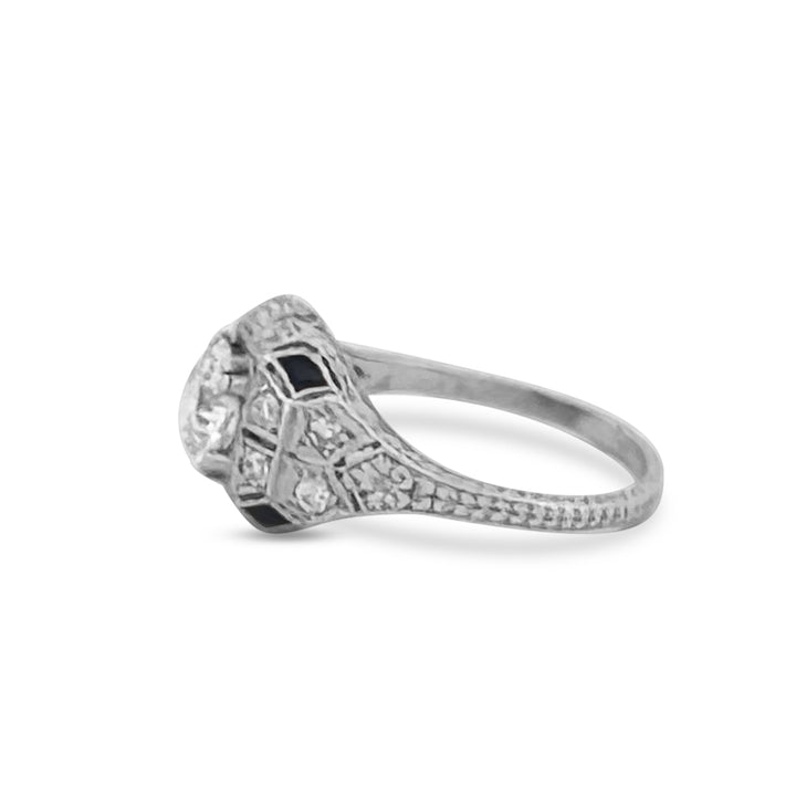 Art Deco 1ct Old European Diamond, Round Diamond & Synthetic Sapphire Platinum Engagement Ring