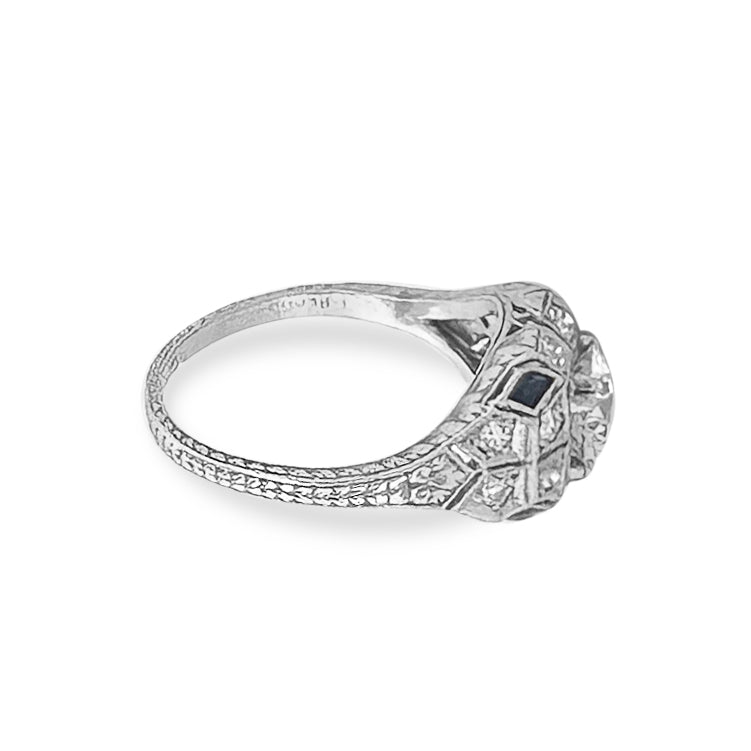 Art Deco 1ct Old European Diamond, Round Diamond & Synthetic Sapphire Platinum Engagement Ring