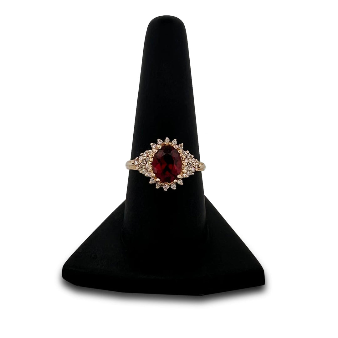 Oval Garnet and Diamond Halo Cocktail Ring in 14k Yellow Gold