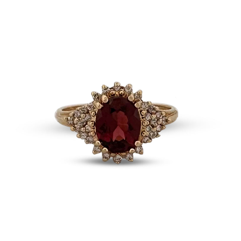 Oval Garnet and Diamond Halo Cocktail Ring in 14k Yellow Gold