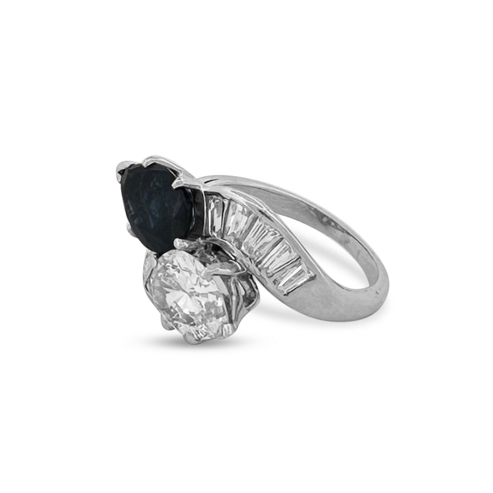 Vintage Pear Shaped Diamond & Pear Shaped Sapphire Bypass Cocktail Ring in Platinum