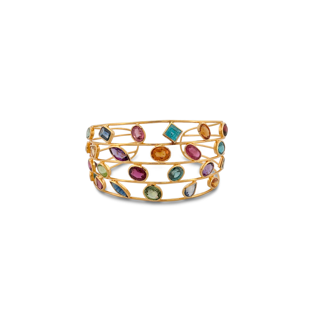 Multi Gemstone Wire Cuff Bracelet in 18k Yellow Gold