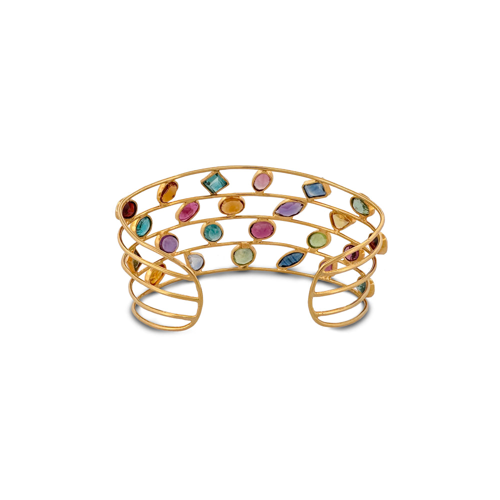 Multi Gemstone Wire Cuff Bracelet in 18k Yellow Gold