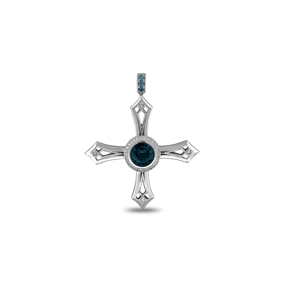 6ct Round Blue Topaz with Natural Diamonds Cross Pendant in 14k White Gold