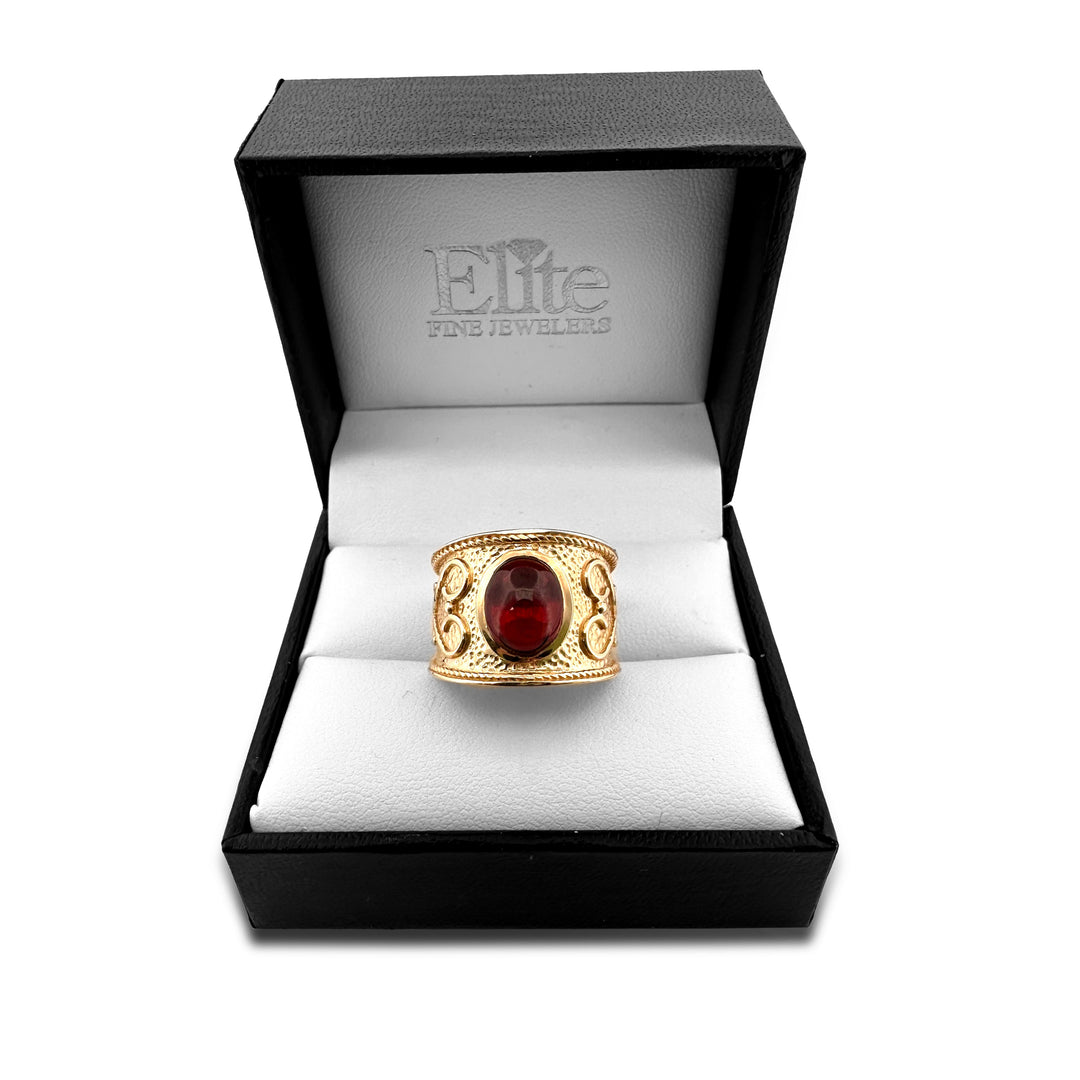 Oval Garnet Cabochon Byzantine Style Ring in 14k Yellow Gold