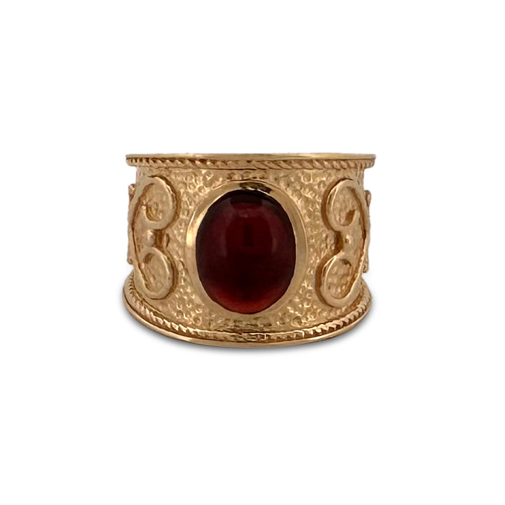 Oval Garnet Cabochon Byzantine Style Ring in 14k Yellow Gold