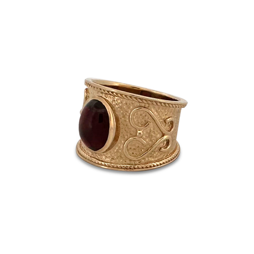 Oval Garnet Cabochon Byzantine Style Ring in 14k Yellow Gold