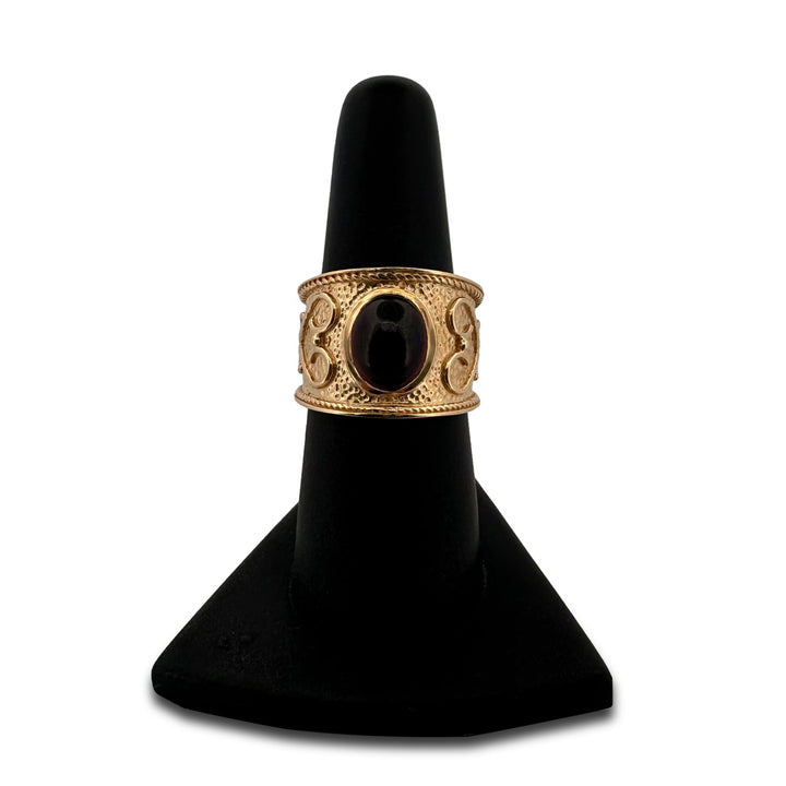 Oval Garnet Cabochon Byzantine Style Ring in 14k Yellow Gold