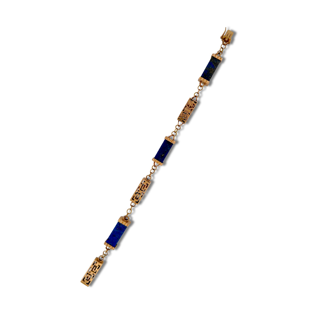 Vintage Lapis Lazuli Rectangular Tube Bracelet in 14k Yellow Gold