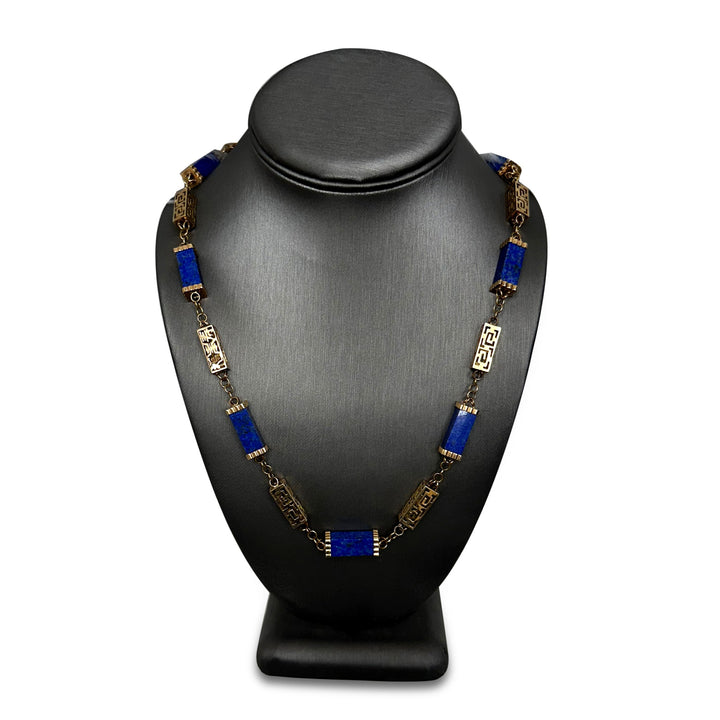 Vintage Lapis Lazuli Rectangular Tube Necklace in 14k Yellow Gold