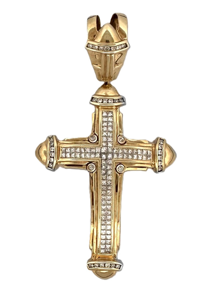 2.13ctw Princess Cut & Round Brilliant Natural Diamond Cross Pendant in 14k Yellow Gold