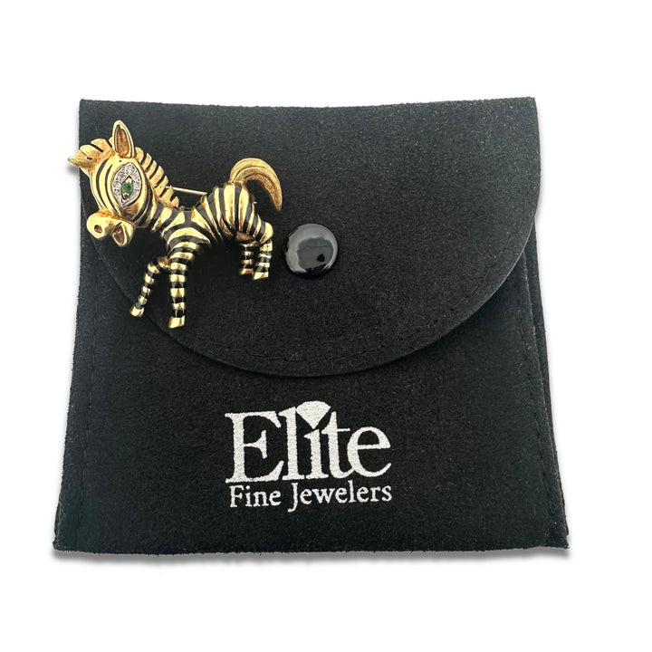 Vintage Enamel, Diamond & Emerald Zebra Brooch in 18k Yellow Gold