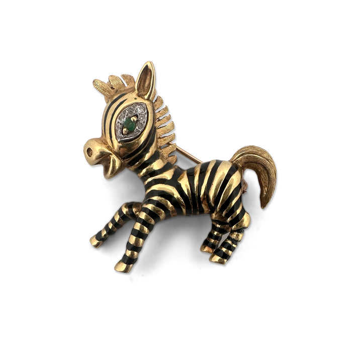 Vintage Enamel, Diamond & Emerald Zebra Brooch in 18k Yellow Gold